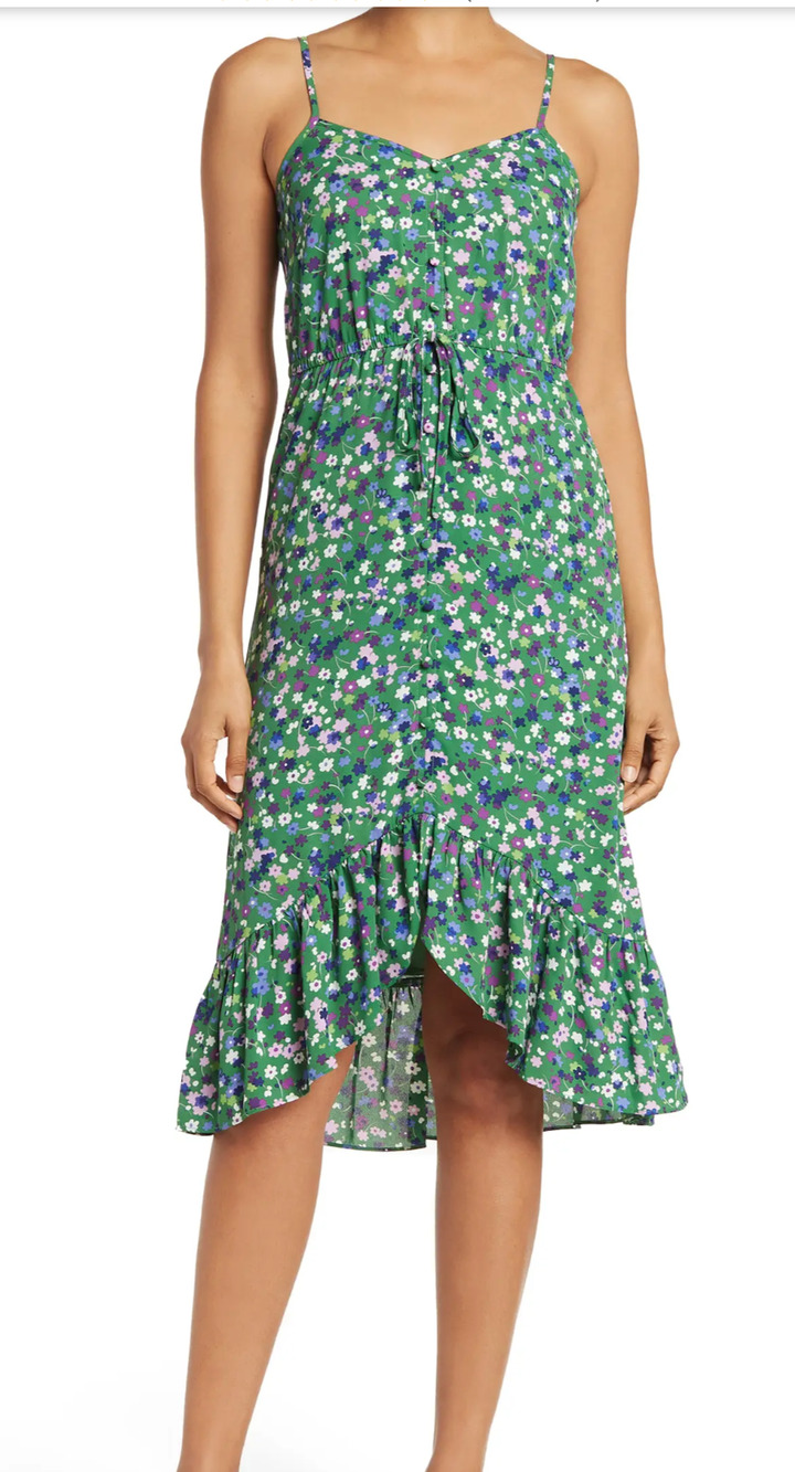 Donna Morgan green purple floral hi lo hem midi dress Size 6 Boho Dainty Cottage